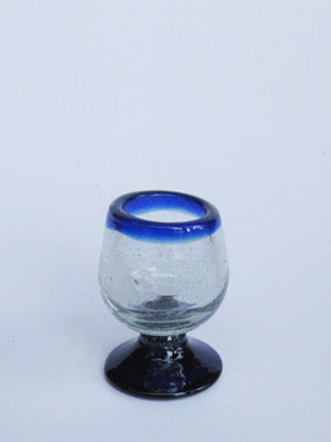 Wholesale MEXICAN GLASSWARE / 'Cobalt Blue Rim' small tequila sippers  / Smallest sippers in the line, made of hand blown recycled glass. May be used for serving lemon juice or any other liquor.